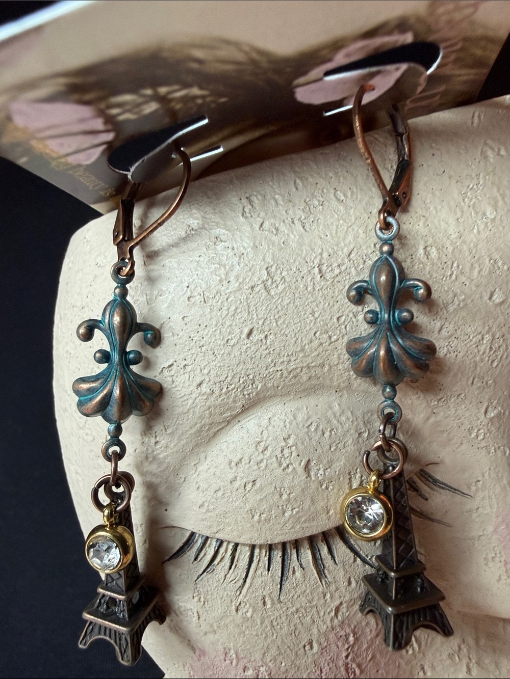 Vintage-Style Fleur-de-Lis Eiffel Tower Drop Earrings in Patina Copper